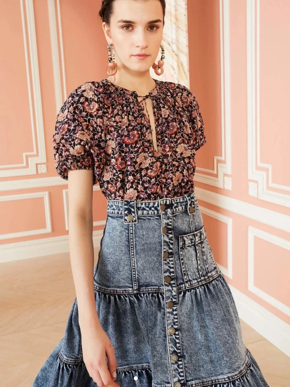 Ulla Johnson Floral Puff-Sleeve Tie-Neck Blouse